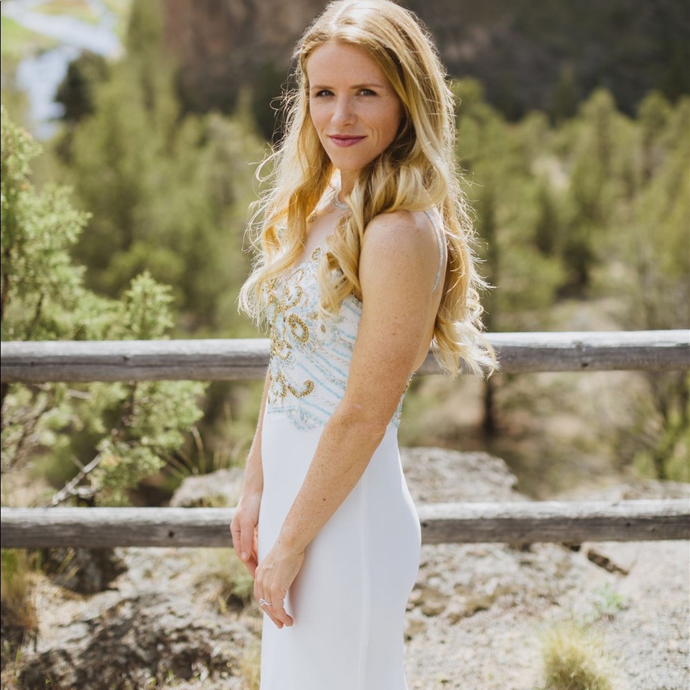 mesh beaded top gown dress / turquoise gold beading and long white dress